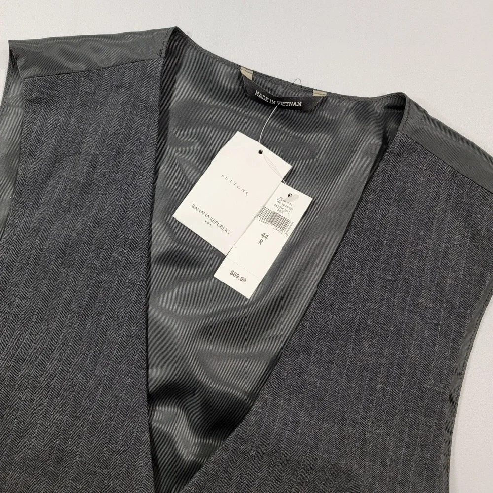 Banana Republic Suit Vest Mens 44R Large Grey Stripe Cotton‎ NEW